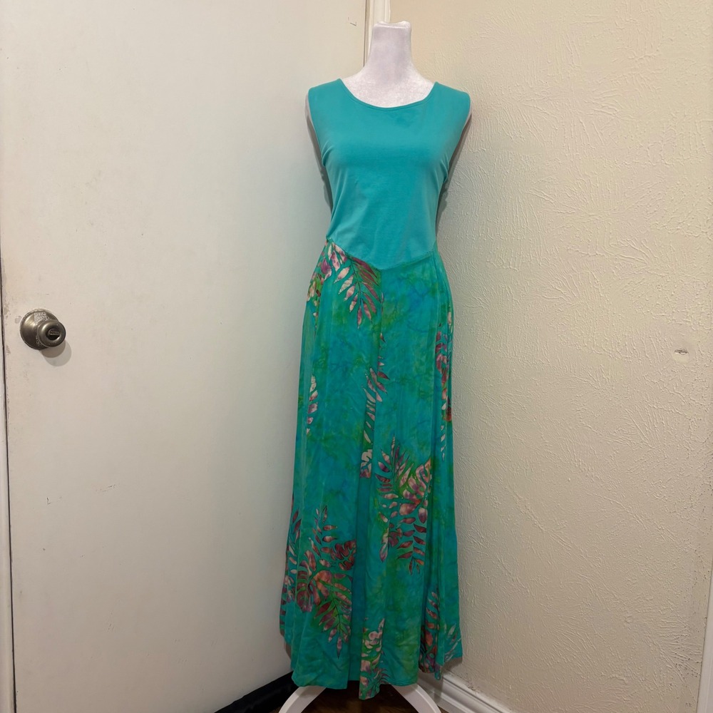 Soft Surroundings Turquoise Tropical Palm Leaf Ikat Watercolor Maxi Dress Boho L